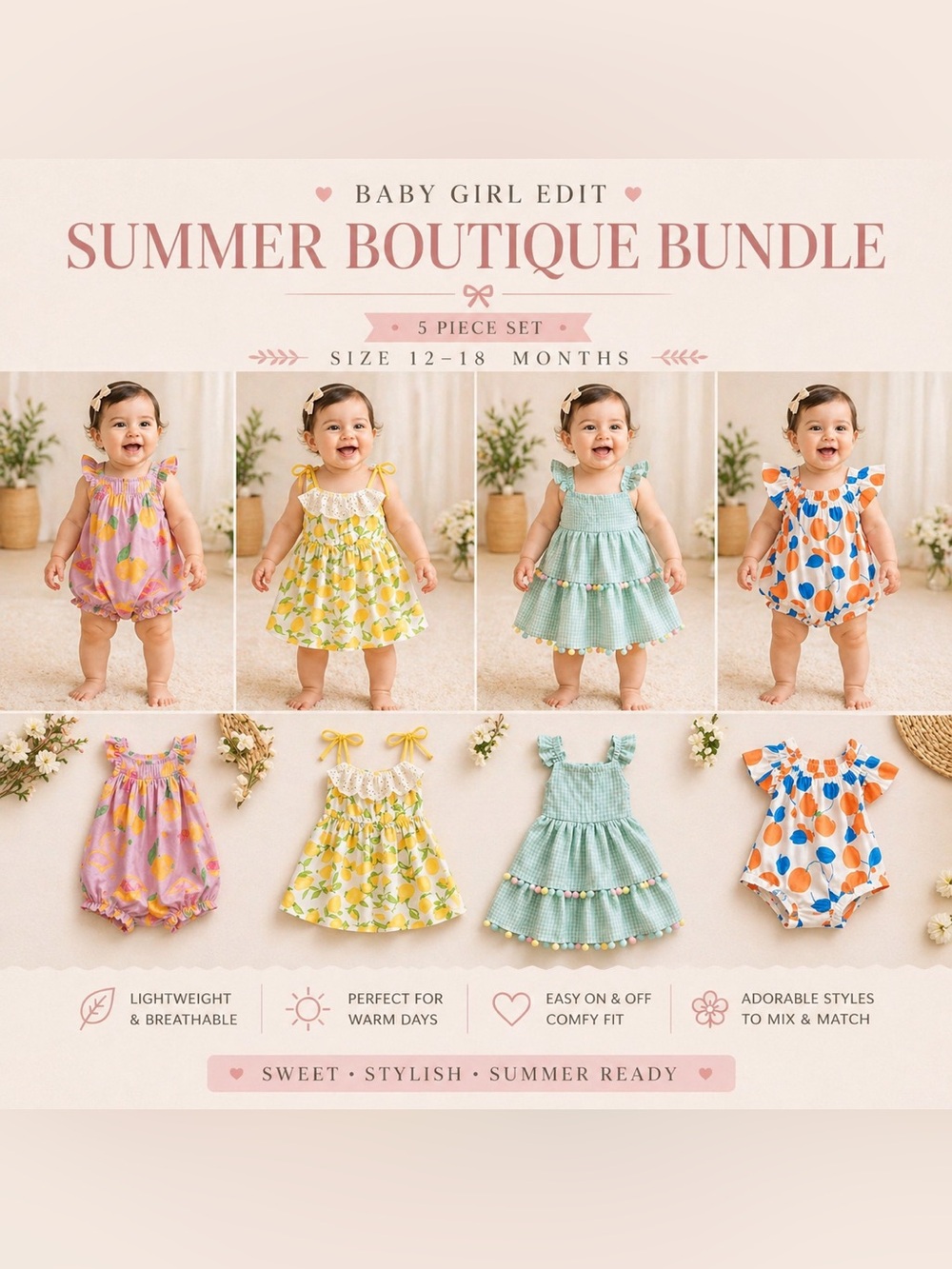 Boutique Baby Girl Summer Bundle 12–18M 🍋 Lemon Dress & Romper Bundle Set